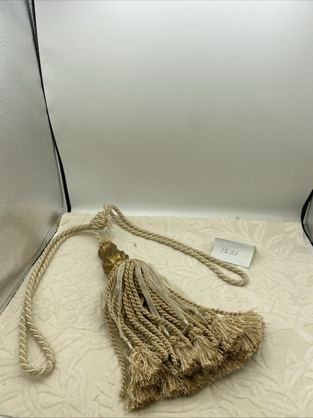 Curtain Tieback Tassel ~Ribbon/Beaded Braided Rope/ Fringe Beige 12”